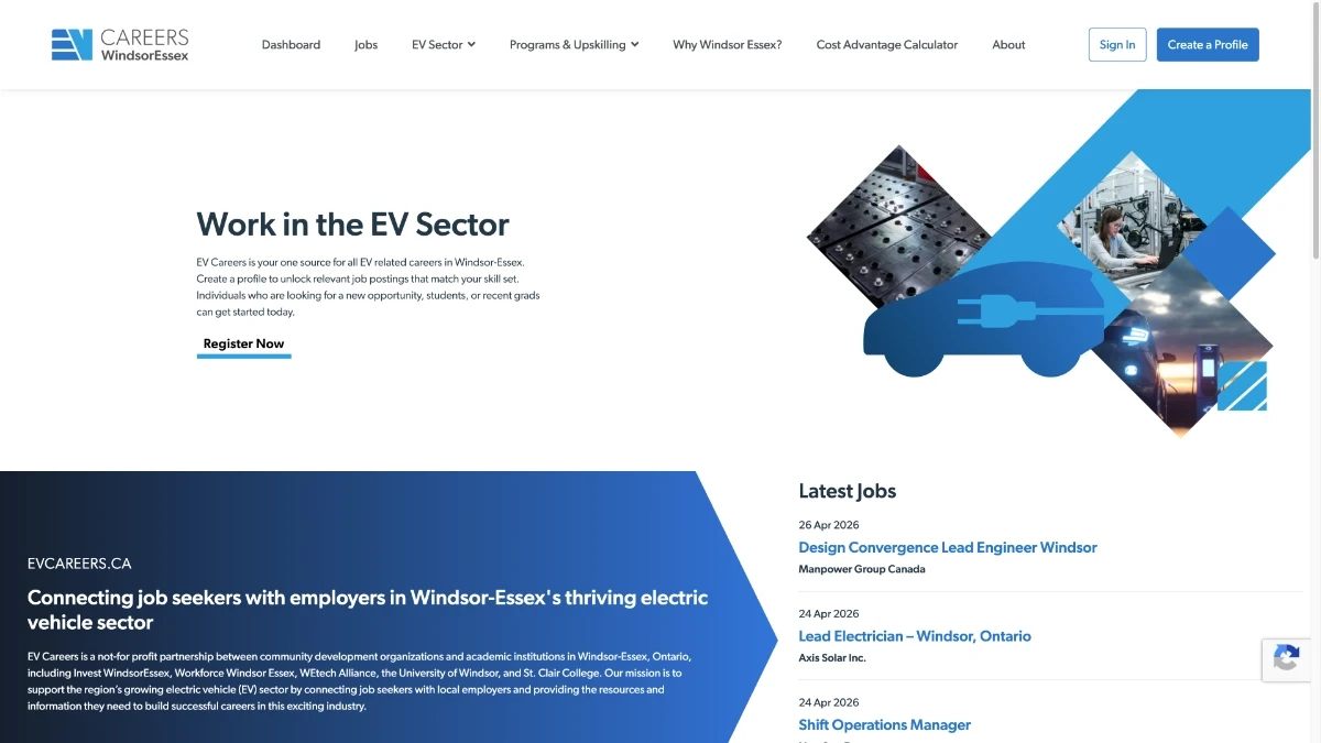 EV Careers home page screenshot